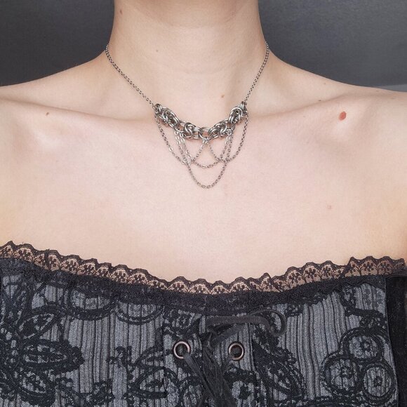 Gothic victorian princess silver chandelier chain mail choker necklace - Picture 2 of 7